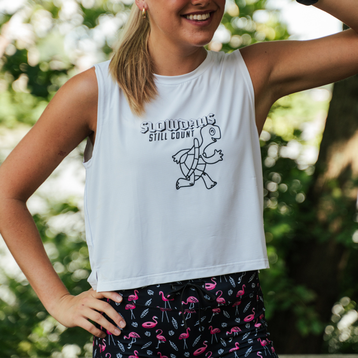 Woman wearing the Core Zero Framework Tank in Slow Days Still Count print, close-up