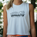 Woman wearing the Core Zero Framework Tank in Velocity Sprints White