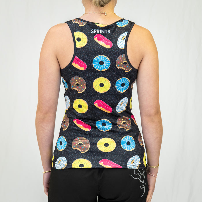 Woman wearing the Donuts Running Tank, close-up