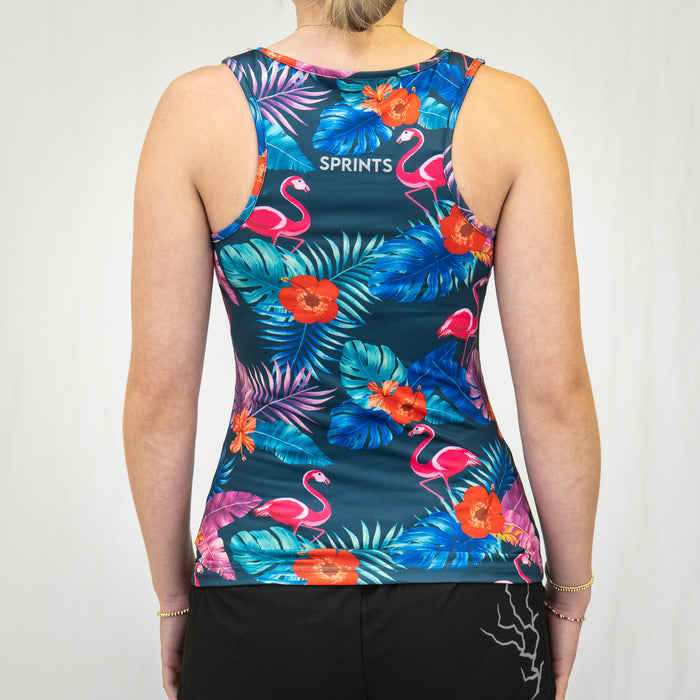 Woman wearing the Flamingo Running Tank, close-up