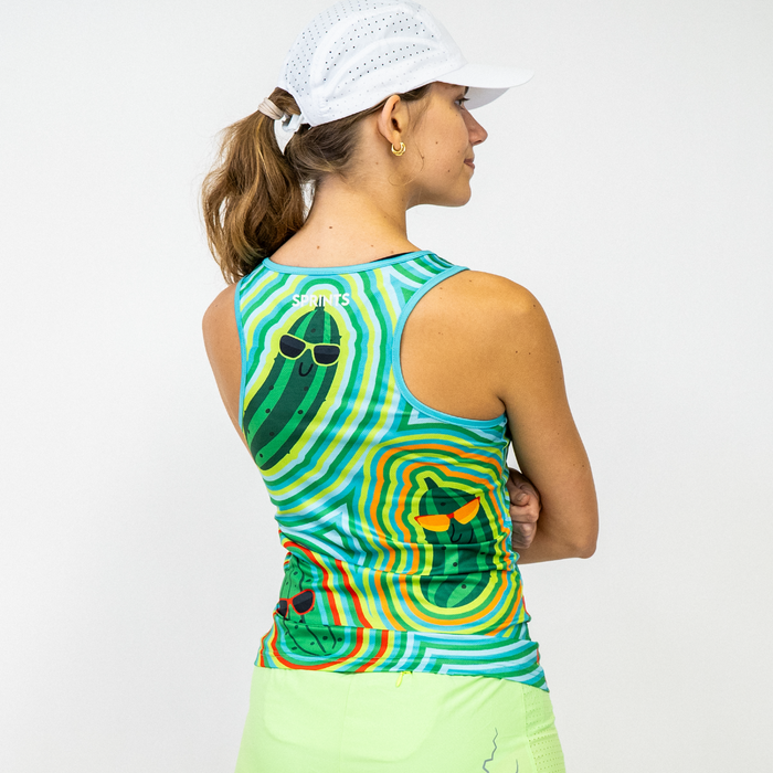 Woman wearing the Pickle Power Running Tank, close-up