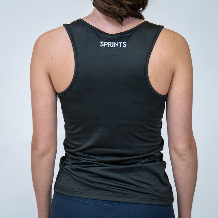 Woman wearing the Running is Dope Reflective Running Tank, close-up