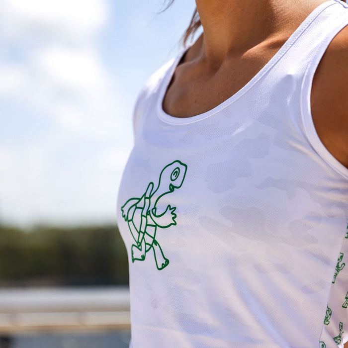 Woman wearing the Slow Days Still Count Running Tank, close-up