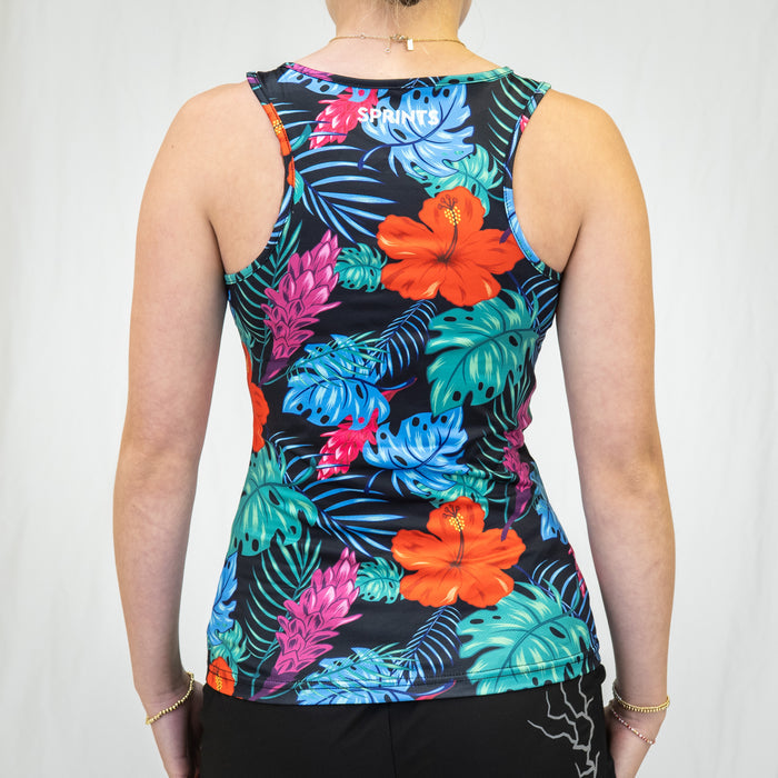 Woman wearing the Tropic Touchdown Running Tank, close-up