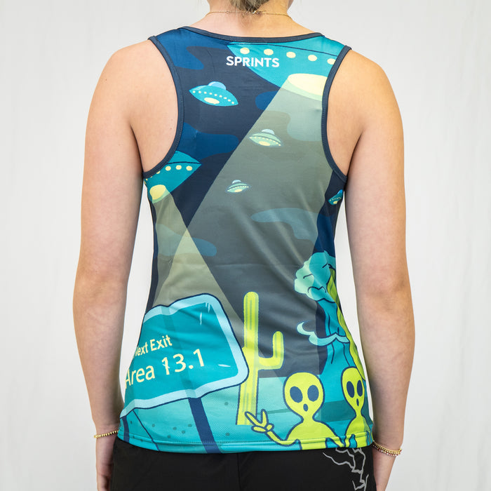 Woman wearing the Uninvited Alien Antics Running Tank, close-up