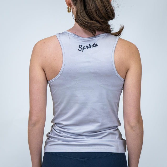 Woman wearing the Victory Sprints Running Tank, close-up
