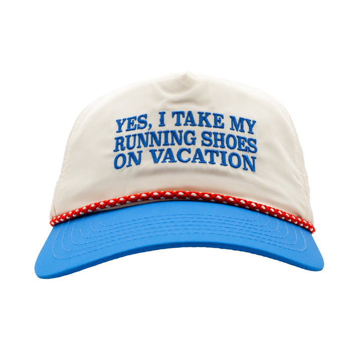 Runner wearing the Yes, I Take My Running Shoes on Vacation EZ Rope Snapback Hat